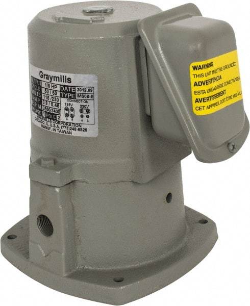 Graymills - 0.7/0.35 Amp, 115/230 Volt, 1/8 hp, 1 Phase, 3,450 RPM, Cast Iron Suction Machine Tool & Recirculating Pump - 9.5 GPM, 14 psi, 5-1/2" Long x 5-1/2" Mounting Flange Width, 6-7/8" Overall Height, Plastic Impeller, Sealed Motor - Caliber Tooling