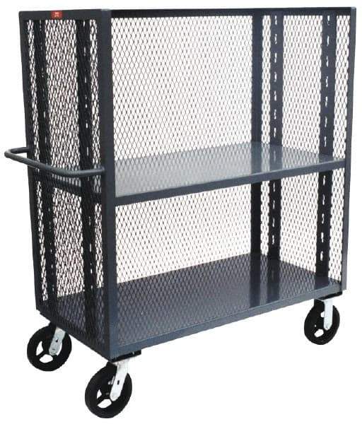 Jamco - 2,000 Lb Capacity, 2 Shelf, 3-Sided Steel Mesh Stock Truck - 60" Long x 24" Wide x 57" High, 6" Diam Phenolic Wheels - Caliber Tooling