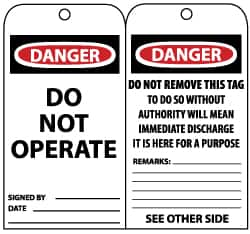 NMC - 3" High x 6" Long, DANGER - DO NOT OPERATE, English Safety & Facility Lockout Tag - Tag Header: Danger, 2 Sides, Black, Red & White Unrippable Vinyl - Caliber Tooling