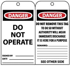 NMC - 3" High x 6" Long, DANGER - DO NOT OPERATE, English Safety & Facility Lockout Tag - Tag Header: Danger, 2 Sides, Black, Red & White Unrippable Vinyl - Caliber Tooling