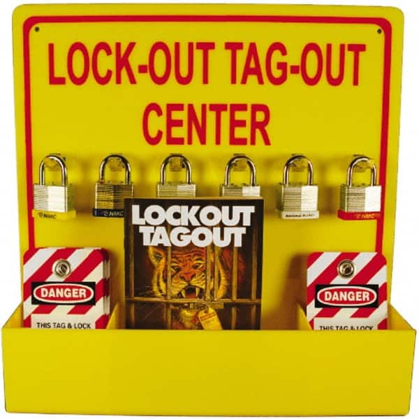 NMC - Equipped Acrylic Lockout Device and Tag Station - 16 Inch Wide x 16 Inch High, Red and Yellow - Caliber Tooling