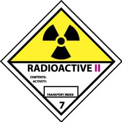 NMC - Accident Prevention Label - Legend: Radioactive II Contents: Activity: Transport Index, English, Black, Yellow, Pink & White, 4" Long x 4" High, Sign Muscle Finish - Caliber Tooling