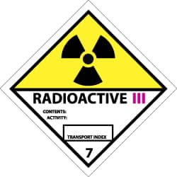 NMC - Accident Prevention Label - Legend: Radioactive III Contents: Activity: Transport Index, English, Black, Yellow, Pink & White, 4" Long x 4" High, Sign Muscle Finish - Caliber Tooling