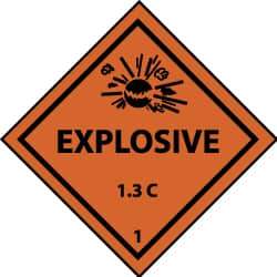 NMC - Accident Prevention Label - Legend: Explosives 1.3L, English, Black & Orange, 4" Long x 4" High, Sign Muscle Finish - Caliber Tooling