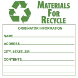 NMC - Hazardous Materials Label - Legend: Materials for Recycle - Originator Information - Name _____, Address _____, City, State, Zip _____, Contents _______, English, Green & White, 6" Long x 6" High, Sign Muscle Finish - Caliber Tooling