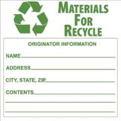 NMC - Hazardous Materials Label - Legend: Materials for Recycle - Originator Information - Name _____, Address _____, City, State, Zip _____, Contents _______, English, Green & White, 6" Long x 6" High, Sign Muscle Finish - Caliber Tooling