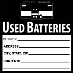 NMC - Hazardous Materials Label - Legend: Used Batteries, English, Black & White, 6" Long x 6" High, Sign Muscle Finish - Caliber Tooling