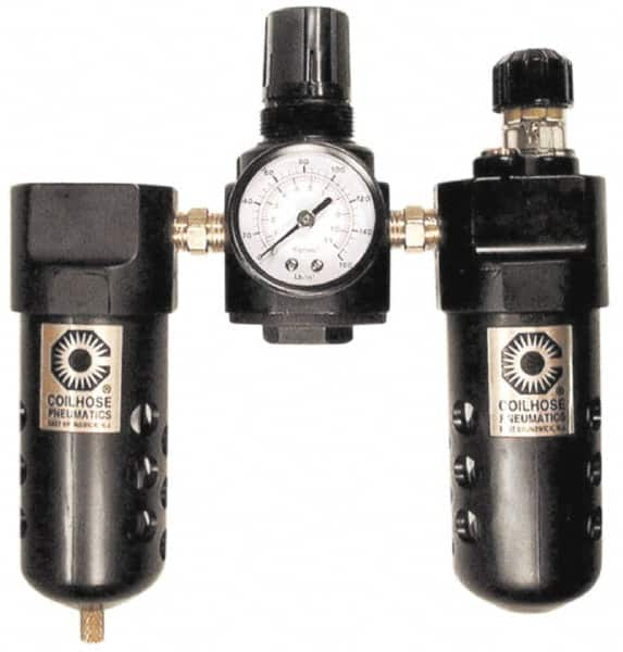 Coilhose Pneumatics - 1/4" NPT Port Compact 3 Piece Filter-Regulator-Lubricator FRL Unit - Polycarbonate Bowl, 48 SCFM, 150 Max psi, 6.5" High, Manual Drain - Caliber Tooling