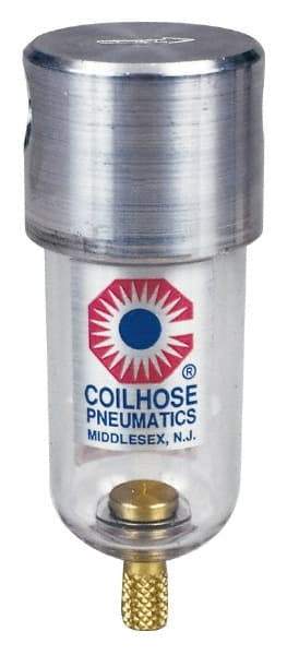 Coilhose Pneumatics - 1/8" Port, 4" High x 1-1/2" Wide, Miniature FRL Filter with Metal Bowl & Manual Drain - 25 SCFM, 250 Max psi, 250°F Max, 1.5 oz Bowl Capacity - Caliber Tooling