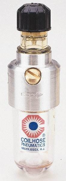 Coilhose Pneumatics - 1/8 NPT Port, 150 Max psi, Miniature Lubricator - Polycarbonate Bowl, Cast Aluminum Body, 11 CFM, 120°F Max, 1-1/2" Wide x 5" High - Caliber Tooling