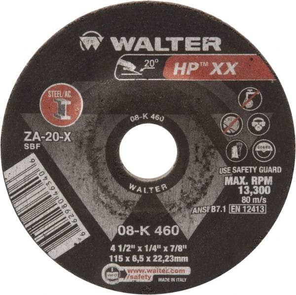 WALTER Surface Technologies - 20 Grit, 4-1/2" Wheel Diam, 1/4" Wheel Thickness, Type 27 Depressed Center Wheel - Aluminum Oxide, 13,300 Max RPM - Caliber Tooling