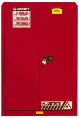 Justrite - 2 Door, 5 Shelf, Red Steel Standard Safety Cabinet for Flammable and Combustible Liquids - 65" High x 43" Wide x 18" Deep, Manual Closing Door, 3 Point Key Lock, 60 Gal Capacity - Caliber Tooling