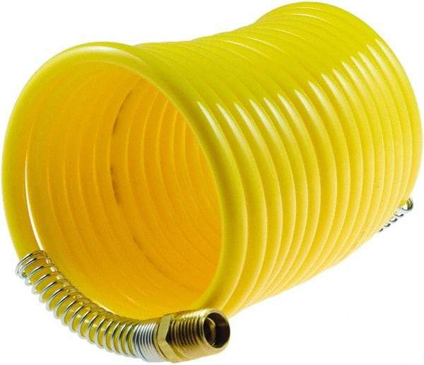 Coilhose Pneumatics - 1/4" ID, 1/4 Thread, 25' Long, Yellow Nylon Coiled & Self Storing Hose - 185 Max psi, Male Swivel x Male Swivel - Caliber Tooling