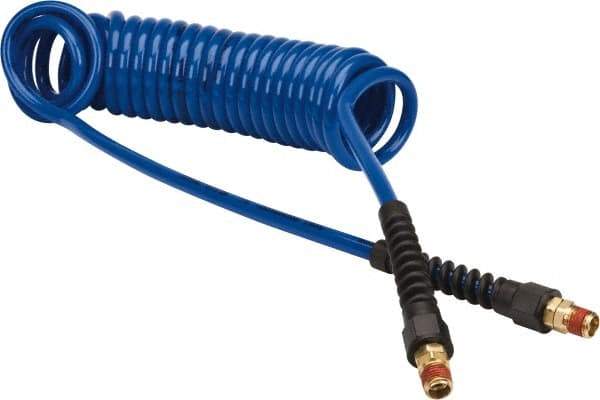 Coilhose Pneumatics - 1/4" ID, 1/4 Thread, 15' Long, Dark Blue Polyurethane Coiled & Self Storing Hose - 125 Max psi, Male Swivel x Male Swivel with Strain Relief - Caliber Tooling