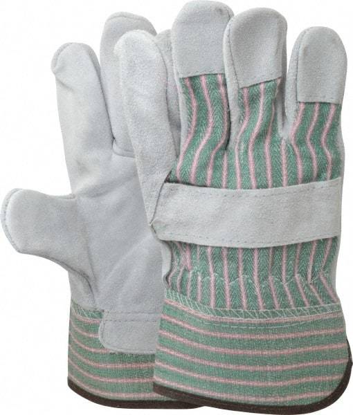 PIP - Size L (9) Split Cowhide General Protection Work Gloves - For General Purpose, Uncoated, Safety Cuff, Full Fingered, Green/Pink/Gray, Paired - Caliber Tooling