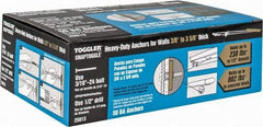 Toggler - 3/16" Screw, 6-1/4" Long, 3/8 to 3-5/8" Thick, Toggle Bolt Drywall & Hollow Wall Anchor - 3/16 - 24" Thread, 1/2" Drill, Zinc Plated, Steel, Grade 1010, Use in Drywall - Caliber Tooling