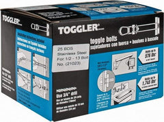 Toggler - 1/2" Screw, 6" Long, 3/8 to 2-1/2" Thick, Toggle Bolt Drywall & Hollow Wall Anchor - 1/2 - 13" Thread, 3/4" Drill, Uncoated, Stainless Steel, Grade 304, Use in Drywall - Caliber Tooling