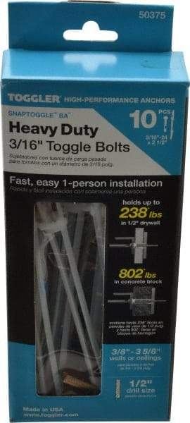 Toggler - 3/16" Screw, 6-1/4" Long, 3/8 to 3-5/8" Thick, Toggle Bolt Drywall & Hollow Wall Anchor - 3/16 - 24" Thread, 1/2" Drill, Zinc Plated, Steel, Grade 1010, Use in Drywall - Caliber Tooling