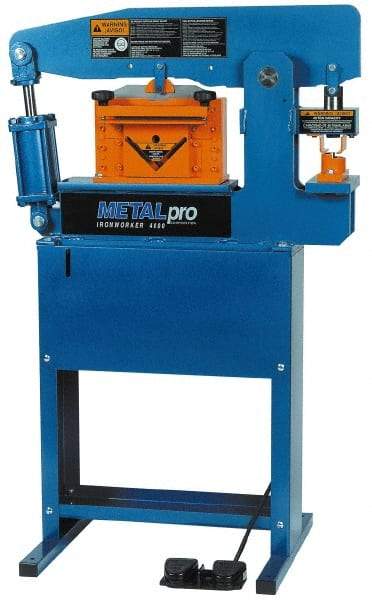 Metalpro - 3-3/4" Throat Depth, 45 Ton Punch Pressure, Ironworker - 1-1/2 hp, 1 Phase, 110 Volts, 37" Wide x 55-1/4" High x 24" Deep - Caliber Tooling