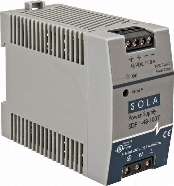 Sola/Hevi-Duty - 100 Watt, 1 Amp, 264 VAC, 375 VDC Input, 48 to 56 VDC Output, DIN Rail Power Supply - Screw Terminal Connection, 1 Output, 1.77 Inch Wide x 3.58 Inch Deep x 2.95 Inch High, Up to 90% Efficiency, 14 to 140°F, Green LED Display - Caliber Tooling