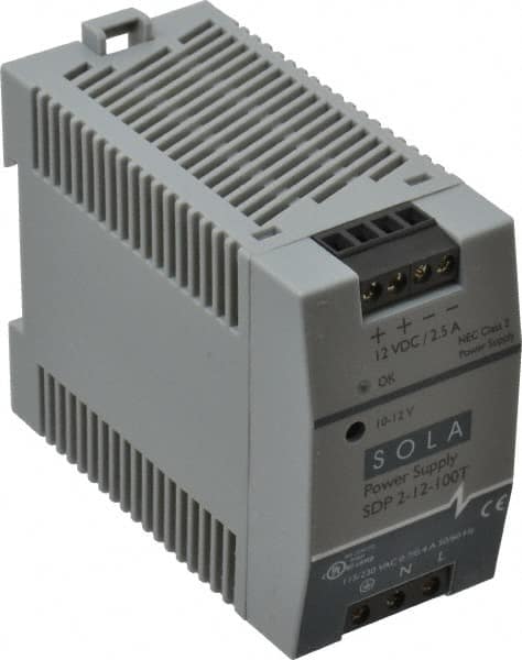 Sola/Hevi-Duty - 100 Watt, 3 to 2.5 Amp, 264 VAC, 375 VDC Input, 10 to 12 VDC Output, DIN Rail Power Supply - Screw Terminal Connection, 1 Output, 1.77 Inch Wide x 3.58 Inch Deep x 2.95 Inch High, Up to 80% Efficiency, 14 to 140°F, Green LED Display - Caliber Tooling