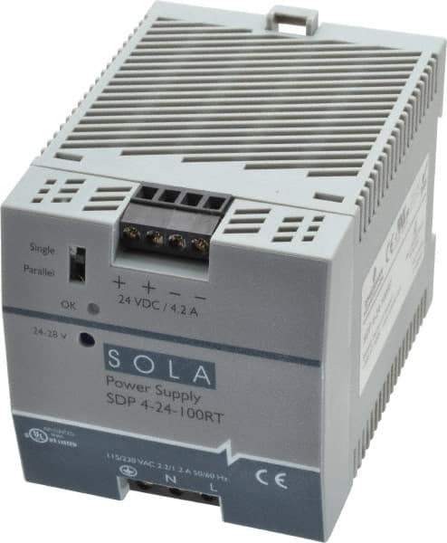 Sola/Hevi-Duty - 100 Watt, 4.20 Amp, 132 VAC, 264 VAC, 375 VDC Input, 24 to 28 VDC Output, DIN Rail Power Supply - Screw Terminal Connection, 1 Output, 2.85 Inch Wide x 3.8 Inch Deep x 2.95 Inch High, Up to 88% Efficiency, 14 to 140°F, Green LED Display - Caliber Tooling