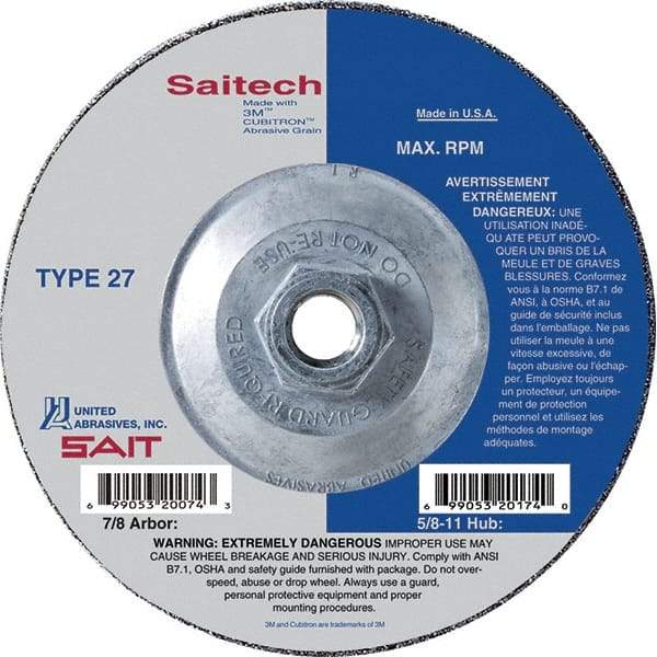 Sait - 7" Wheel Diam, 3/32" Wheel Thickness, Type 27 Depressed Center Wheel - Ceramic, Resinoid Bond, 8,500 Max RPM, Compatible with Angle Grinder - Caliber Tooling