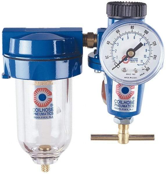 Coilhose Pneumatics - 1/2" NPT Port Heavy Duty 2 Piece Filter-Regulator FRL Unit - Polycarbonate Bowl, 125 Max psi, 7.875" High - Caliber Tooling