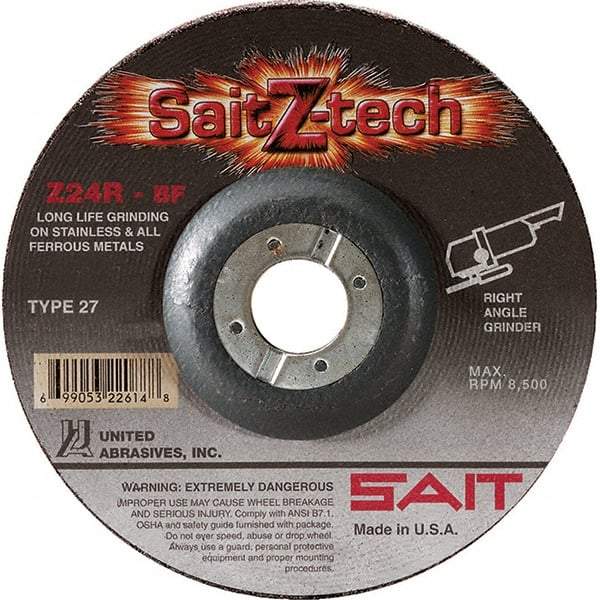 Sait - 24 Grit, 7" Wheel Diam, 1/4" Wheel Thickness, 7/8" Arbor Hole, Type 27 Depressed Center Wheel - Zirconia Alumina, Resinoid Bond, R Hardness, 8,500 Max RPM, Compatible with Angle Grinder - Caliber Tooling