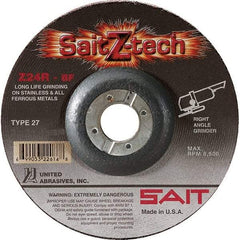 Sait - 24 Grit, 4" Wheel Diam, 1/4" Wheel Thickness, 5/8" Arbor Hole, Type 27 Depressed Center Wheel - Zirconia Alumina, Resinoid Bond, R Hardness, 13,500 Max RPM, Compatible with Angle Grinder - Caliber Tooling