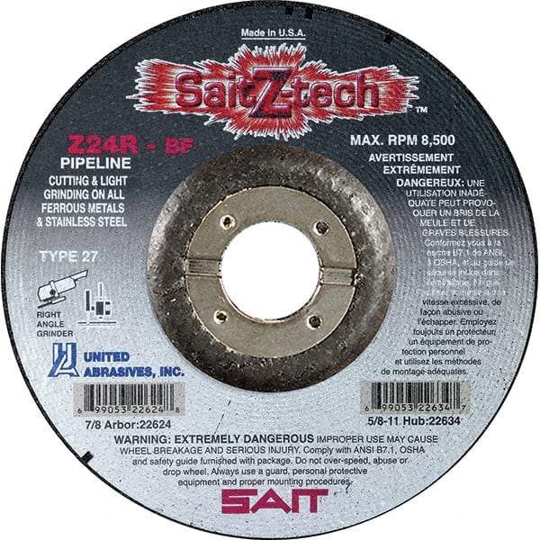 Sait - 24 Grit, 4-1/2" Wheel Diam, 1/8" Wheel Thickness, 7/8" Arbor Hole, Type 27 Depressed Center Wheel - Zirconia Alumina, Resinoid Bond, R Hardness, 13,300 Max RPM, Compatible with Angle Grinder - Caliber Tooling