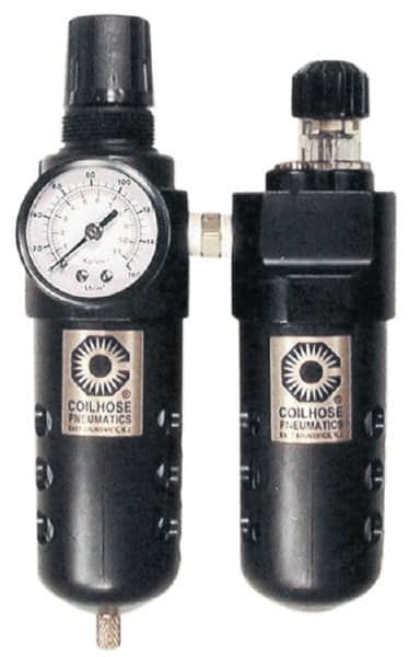 Coilhose Pneumatics - 3/8" NPT Port Compact 2 Piece Filter/Regulator-Lubricator FRL Unit - Polycarbonate Bowl, 65 SCFM, 150 Max psi, 8" High, Manual Drain - Caliber Tooling