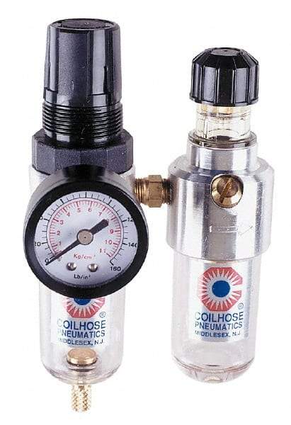 Coilhose Pneumatics - 1/8" NPT Port Miniature 2 Piece Filter/Regulator-Lubricator FRL Unit - Metal Bowl, 25 SCFM, 250 Max psi, 6" High, Manual Drain - Caliber Tooling