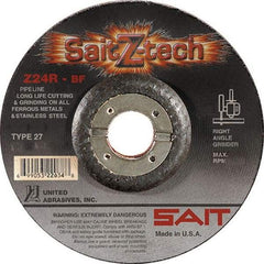 Sait - 24 Grit, 6" Wheel Diam, 3/32" Wheel Thickness, 7/8" Arbor Hole, Type 27 Depressed Center Wheel - Zirconia Alumina, Resinoid Bond, R Hardness, 10,200 Max RPM, Compatible with Angle Grinder - Caliber Tooling