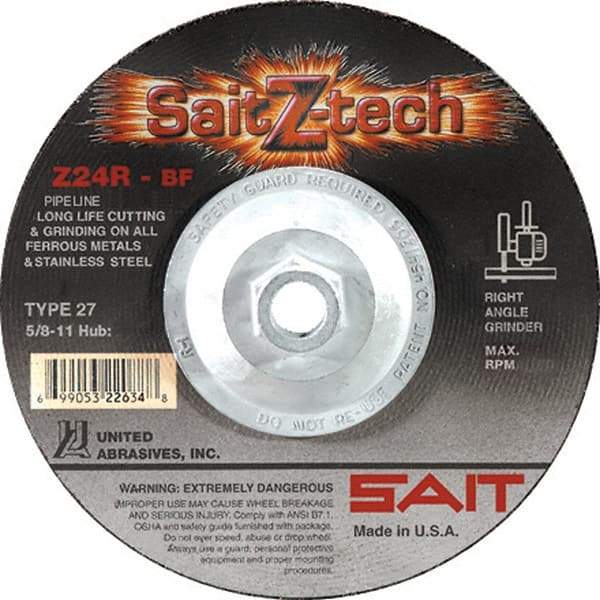 Sait - 24 Grit, 4-1/2" Wheel Diam, 3/32" Wheel Thickness, Type 27 Depressed Center Wheel - Zirconia Alumina, Resinoid Bond, R Hardness, 13,300 Max RPM, Compatible with Angle Grinder - Caliber Tooling