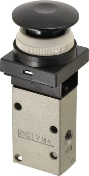 SMC PNEUMATICS - 0.38 CV Rate, 1/4" NPT Inlet Mechanical Valve - 3 Way, 3 Ports, Push Button Mushroom - Caliber Tooling