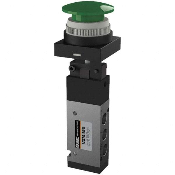 SMC PNEUMATICS - 0.55 CV Rate, 1/8" NPT Inlet Mechanical Valve - 4 Way, 5 Ports, Push Button Mushroom - Caliber Tooling