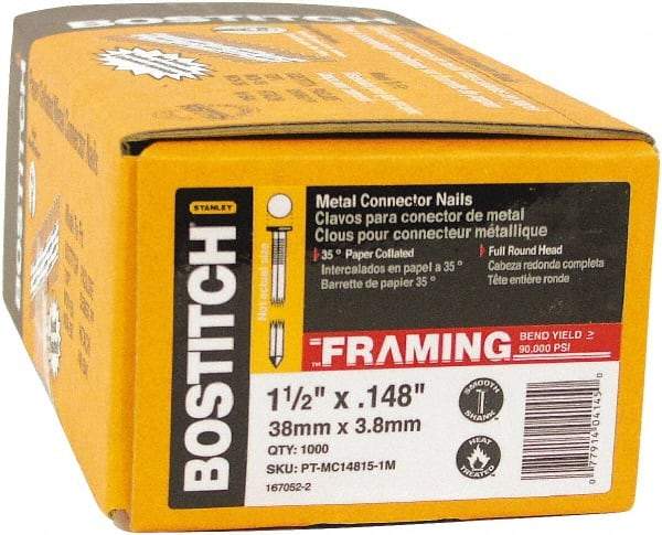 Stanley Bostitch - 10 Gauge 0.148" Shank Diam 1-1/2" Long Metal Connecting Nails for Power Nailers - Steel, Galvanized Finish, Smooth Shank, Angled Stick Paper Tape Collation, Round Head, Diamond Point - Caliber Tooling