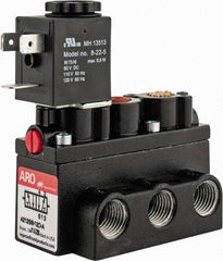 ARO/Ingersoll-Rand - 1/4" Inlet x 1/4" Outlet, Solenoid Actuator, Spring Return, 2 Position, Body Ported Solenoid Air Valve - 120 VAC Input, 54 CFM, 1.5 CV, 4 Way, 150 psi, 2-15/16" Long x 1-15/16" Wide x 1-15/16" High, 0 to 180°F - Caliber Tooling