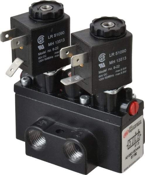 ARO/Ingersoll-Rand - 1/4" Inlet x 1/4" Outlet, Solenoid Actuator, Solenoid Return, 2 Position, Body Ported Solenoid Air Valve - 120 VAC Input, 54 CFM, 1.5 CV, 4 Way, 150 psi, 3-31/32" Long x 1-15/16" Wide x 3-1/4" High, 0 to 180°F - Caliber Tooling