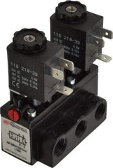 ARO/Ingersoll-Rand - 1/4" Inlet x 1/4" Outlet, Solenoid Actuator, Solenoid Return, 2 Position, Body Ported Solenoid Air Valve - 24 VDC Input, 54 CFM, 1.5 CV, 4 Way, 150 psi, 3-31/32" Long x 1-15/16" Wide x 3-1/4" High, 0 to 180°F - Caliber Tooling