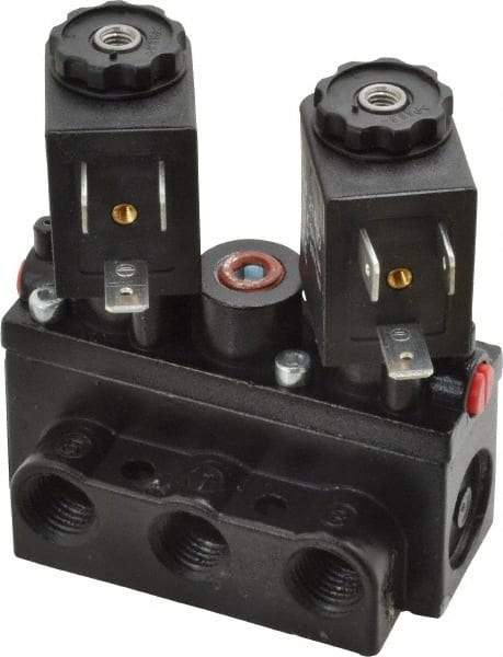 ARO/Ingersoll-Rand - 1/4" Inlet x 1/4" Outlet, Solenoid Actuator, Solenoid Return, 3 Position, Body Ported Solenoid Air Valve - 120 VAC Input, 32 CFM, 0.9 CV, 4 Way, 150 psi, 2-15/16" Long x 1-15/16" Wide x 1-13/16" High, 0 to 180°F - Caliber Tooling