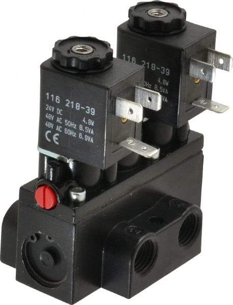 ARO/Ingersoll-Rand - 1/4" Inlet x 1/4" Outlet, Solenoid Actuator, Solenoid Return, 3 Position, Body Ported Solenoid Air Valve - 24 VDC Input, 32 CFM, 0.9 CV, 4 Way, 150 psi, 2-15/16" Long x 1-15/16" Wide x 1-13/16" High, 0 to 180°F - Caliber Tooling