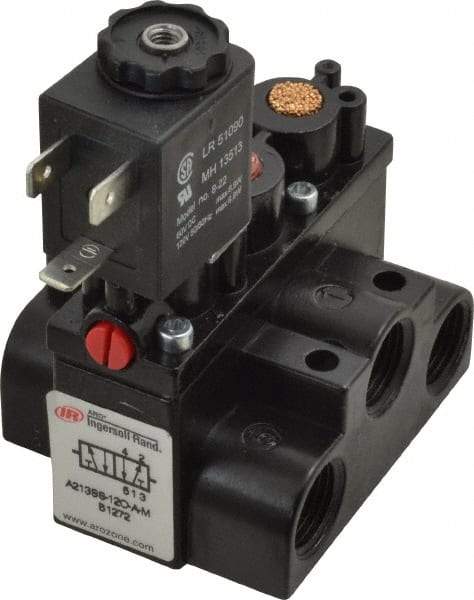 ARO/Ingersoll-Rand - 3/8" Inlet x 3/8" Outlet, Solenoid Actuator, Spring Return, 2 Position, Body Ported Solenoid Air Valve - 120 VAC Input, 63 CFM, 1.7 CV, 4 Way, 150 psi, 3-1/2" Long x '2-1/2" Wide x 3-5/8" High, 0 to 180°F - Caliber Tooling