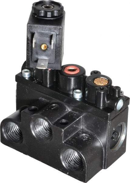 ARO/Ingersoll-Rand - 3/8" Inlet x 3/8" Outlet, Solenoid Actuator, Spring Return, 2 Position, Body Ported Solenoid Air Valve - 24 VDC Input, 63 CFM, 1.7 CV, 4 Way, 150 psi, 3-1/2" Long x '2-1/2" Wide x 3-5/8" High, 0 to 180°F - Caliber Tooling