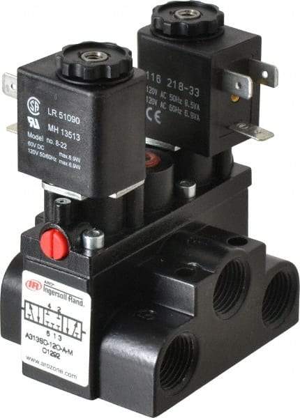 ARO/Ingersoll-Rand - 3/8" Inlet x 3/8" Outlet, Solenoid Actuator, Solenoid Return, 3 Position, Body Ported Solenoid Air Valve - 120 VAC Input, 63 CFM, 1.7 CV, 4 Way, 150 psi, 4" Long x '2-1/2" Wide x 3-5/8" High, 0 to 180°F - Caliber Tooling