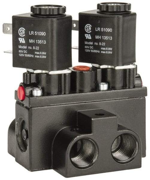 ARO/Ingersoll-Rand - 3/8" Inlet x 3/8" Outlet, Solenoid Actuator, Solenoid Return, 3 Position, Body Ported Solenoid Air Valve - 120 VAC Input, 63 CFM, 1.7 CV, 4 Way, 150 psi, 4" Long x '2-1/2" Wide x 3-5/8" High, 0 to 180°F - Caliber Tooling