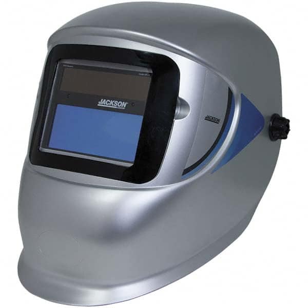 Jackson Safety - 4" Window Width x 3" Window Height, 9 to 13 Shade Auto-Darkening Lens, Fixed Front Welding Helmet - Silver Thermoplastic - Caliber Tooling