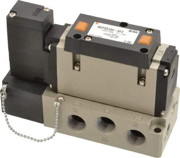 SMC PNEUMATICS - 2 CV Flow Rate, Single Solenoid Pilot Operated Valve - 5 Port, 2 Position, Spring Return, 3/8" NPT Inlet, 110 V - Caliber Tooling