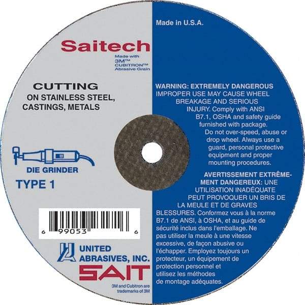 Sait - 4" Ceramic Cutoff Wheel - 0.035" Thick, 1/4" Arbor, 19,000 Max RPM, Use with Die Grinders - Caliber Tooling